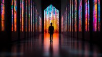 Silhouette of person walking through mystical cathedral corridor with vibrant stained glass windows creating colorful light reflections on marble floor. Spiritual atmosphere.