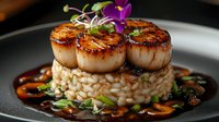 Pan-seared sea scallops with caramelized crust served on risotto, garnished with microgreens and edible flowers in dark sauce on gray plate.
