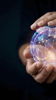 Hands protecting glowing digital network sphere with connected nodes representing global connectivity, data protection, and futuristic technology concepts.