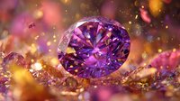 Brilliant purple gemstone with faceted cut surrounded by golden and pink bokeh lights creating luxurious jewelry atmosphere.