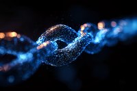 Glowing digital chain link formed by connected dots and lines against dark background with blue bokeh lights creating futuristic network visualization.