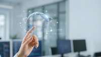 Global network connection, hand touching digital sphere with data icons in modern office workspace for technology and communication concepts.