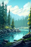 Tranquil mountain lake surrounded by evergreen forest and rocky shore, with sunlit clouds and distant peaks in turquoise and green tones, artistic landscape.