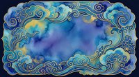 Ornate watercolor frame with swirling clouds and decorative flourishes in blue and gold tones, isolated on transparent background for design projects.