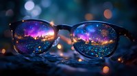 Stylish eyeglasses reflecting vibrant cosmic galaxy with purple and blue nebula stars on dark surface with bokeh lights for vision concepts.