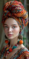 Young woman wearing vibrant multicolored turban headwrap with beaded details, statement earrings and ethnic necklace. Natural makeup and soft lighting create elegant portrait.
