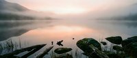 Serene misty lake at dawn with moss-covered rocks, abandoned boats, and calm water reflecting soft light. Peaceful nature landscape for meditation and wellness projects.