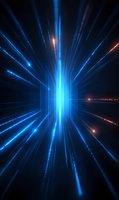 Glowing blue light rays burst from center against dark background, creating dynamic perspective with bright streaks and particles for technology concepts.