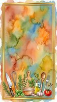 Watercolor cooking background with kitchen utensils, fresh herbs, vegetables and oil bottle arranged at bottom, vibrant rainbow wash in warm and cool tones, isolated on white for culinary design projects.
