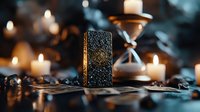 Mystical tarot card deck with ornate pattern surrounded by glowing candles and hourglass in dark atmospheric setting, creating magical divination ambiance.