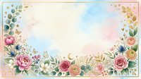 Watercolor floral frame with roses, peonies, and botanical elements in soft pink, blue, and gold tones on cream background. Isolated design for invitations, cards, and decorative projects.