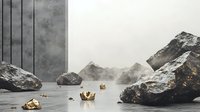 Surreal minimalist landscape with golden rocks floating on reflective water surface amid monochromatic mountains and geometric concrete wall in foggy atmosphere.