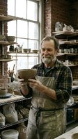 Mature male potter with gray beard wearing plaid shirt and apron examining ceramic bowl in rustic brick studio with shelves of pottery and natural window light.
