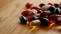 Colorful dietary supplement capsules and pills scattered on wooden surface with soft lighting, creating warm tones and shadows. Suitable for health and medicine concepts.