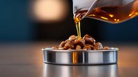 Honey drizzling over roasted nuts in metal bowl against dark background, golden liquid creating glossy coating in dramatic lighting. Food photography setup.