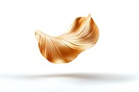 Floating golden hair strand on white background, smooth and shiny texture with gentle curve and natural flow, isolated design element for beauty and cosmetic industry.