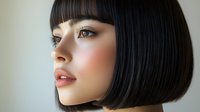 Side profile portrait of young Asian woman with short black bob haircut, flawless skin, natural makeup and glossy lips against light background. Professional beauty photography.