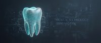 Digital tooth hologram with futuristic interface elements representing modern dental technology and healthcare innovation in medicine.