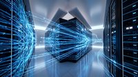Data center corridor with server racks and glowing blue digital network lines representing cloud computing, data storage, and cybersecurity infrastructure for technology businesses.