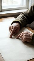 Senior person with wrinkled hands wearing olive cardigan pointing at blank paper on wooden table by window, suitable for aging, healthcare, and educational content.