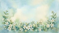 Watercolor floral border with white blooms and green leaves on soft blue background, copy space for text, greeting card or invitation design.