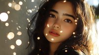 Young Asian woman with glowing bokeh lights creating dreamy atmosphere, soft natural makeup and long dark hair illuminated by warm evening sunlight.