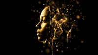 Golden female profile dissolving into sparkling particles against dark background, representing transformation, digital art concept for luxury branding.