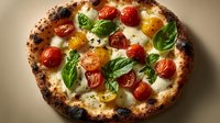 Artisan Neapolitan pizza with fresh mozzarella, colorful cherry tomatoes and basil leaves on rustic wood-fired crust for Italian cuisine and restaurant menus.