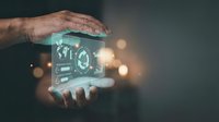 Hands protecting holographic digital interface with global connectivity icons and data analytics dashboard for business technology solutions.