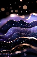 Abstract cosmic waves with purple and blue gradient colors, glowing golden particles and sparkles on dark background create magical ethereal atmosphere.