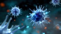 Microscopic view of blue glowing virus cell with spiky surface floating in dark space with blurred particles, scientific medical visualization for healthcare.