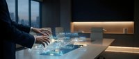 Businessman using holographic digital interface with global connectivity icons in modern office environment for technology and business communication concepts.