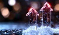 Glowing red arrows pointing upward with sparkles and bokeh effect on dark background, symbolizing growth, success and positive business direction.