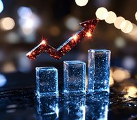 Glowing red arrow rises over blue crystal steps against blurred bokeh background, representing business growth and financial success in modern style.