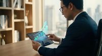 Asian businessman in suit using tablet with holographic data visualization in modern office workspace for digital technology presentations.
