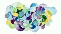Abstract colorful circles and geometric shapes in vibrant blues, greens, purples and yellows creating modern artistic composition for creative design projects.
