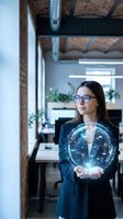 Young Caucasian businesswoman in glasses holding a glowing digital globe hologram in a modern office, symbolizing global connectivity and technology.