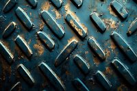 Rusty blue metal diamond plate with industrial tread pattern showing wear, corrosion and weathered texture in dramatic lighting for industrial backgrounds.