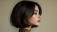 Young Asian woman with sleek bob haircut in profile view against neutral beige background, showcasing modern hairstyle trend for beauty and fashion industry.