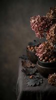 Dried hydrangea flowers in rustic bowl with autumn leaves and nuts on dark linen creating moody seasonal still life composition for home decor projects.