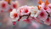 Delicate pink cherry blossom flowers blooming on branch with soft bokeh background, spring season nature photography for wellness and beauty concepts.