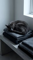 Gray tabby cat curled up sleeping on folded dark sweaters and blankets stacked on a concrete shelf by a window in minimalist interior space.