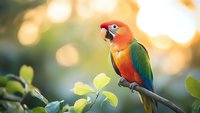 Vibrant sun conure parrot perched on branch with green foliage and soft bokeh background, displaying bright orange, yellow and blue plumage in natural setting.