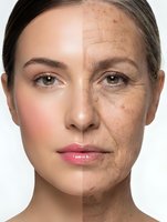 Split face comparison showing aging process from young to mature woman with wrinkles and age spots for skincare and anti-aging treatment concepts.