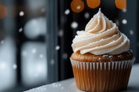 Chocolate cupcake with caramel frosting and sprinkles displayed against blurred winter window with bokeh lights and snowflakes for bakery, dessert, and holiday marketing.