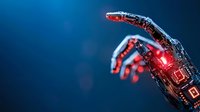 Futuristic robotic hand with glowing red elements reaching upward against dark blue background, showcasing advanced technology and artificial intelligence.
