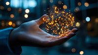 Businessman holding glowing network of golden lights in cupped hands against blurred city background at night representing innovation and digital transformation.