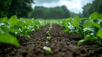 Young green soybean plants growing in rows through rich dark soil, low angle view of agricultural field with fresh spring growth and fertile earth.