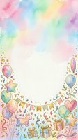 Pastel watercolor birthday party frame with balloons, gifts, confetti, and bunting, featuring a white center copy space for text or design.