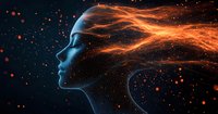 Glowing blue profile silhouette with flowing orange energy streams against dark background, representing artificial intelligence and digital consciousness.